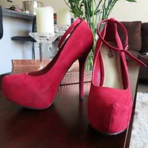 Red, Suede, Round-toe, Platform Heels